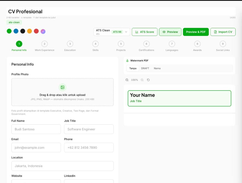 Editor CV Buatcv dengan preview real-time dan skor ATS